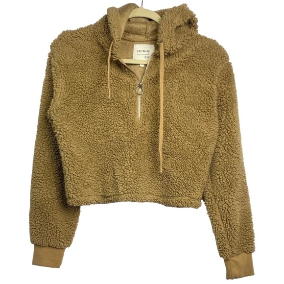 Cotton On Jackets & Blazers - Cotton On Women’s Size X-Small Tan Crop Half Zip Fuzzy Sweatshirt Hoodie